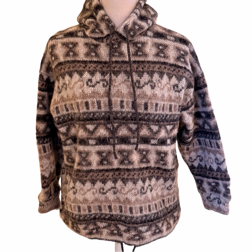Helga Marin Grey/Tan Icelandic Wool Hooded Pullover Sweater S